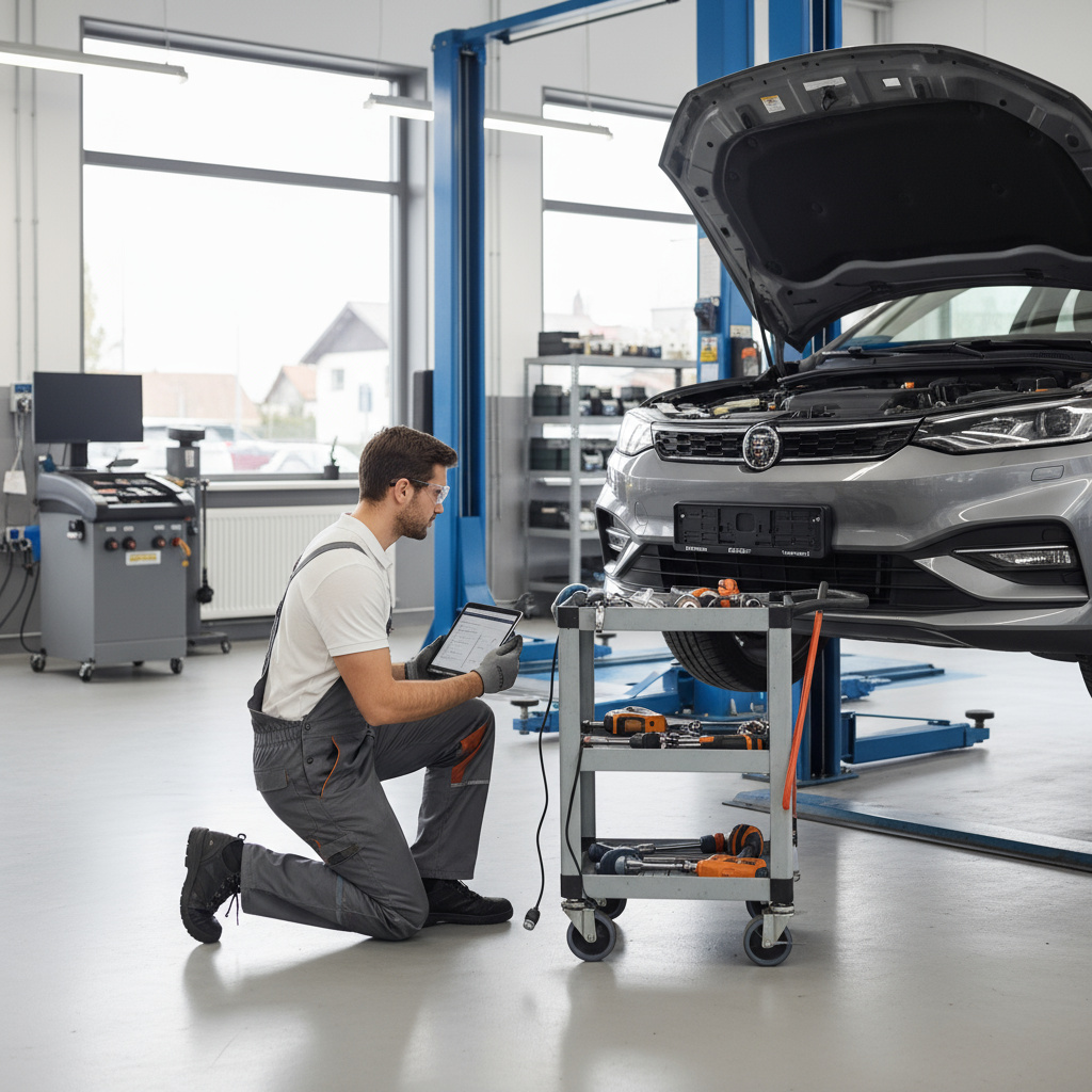 Professional mechanic working on a car in a clean auto repair shop