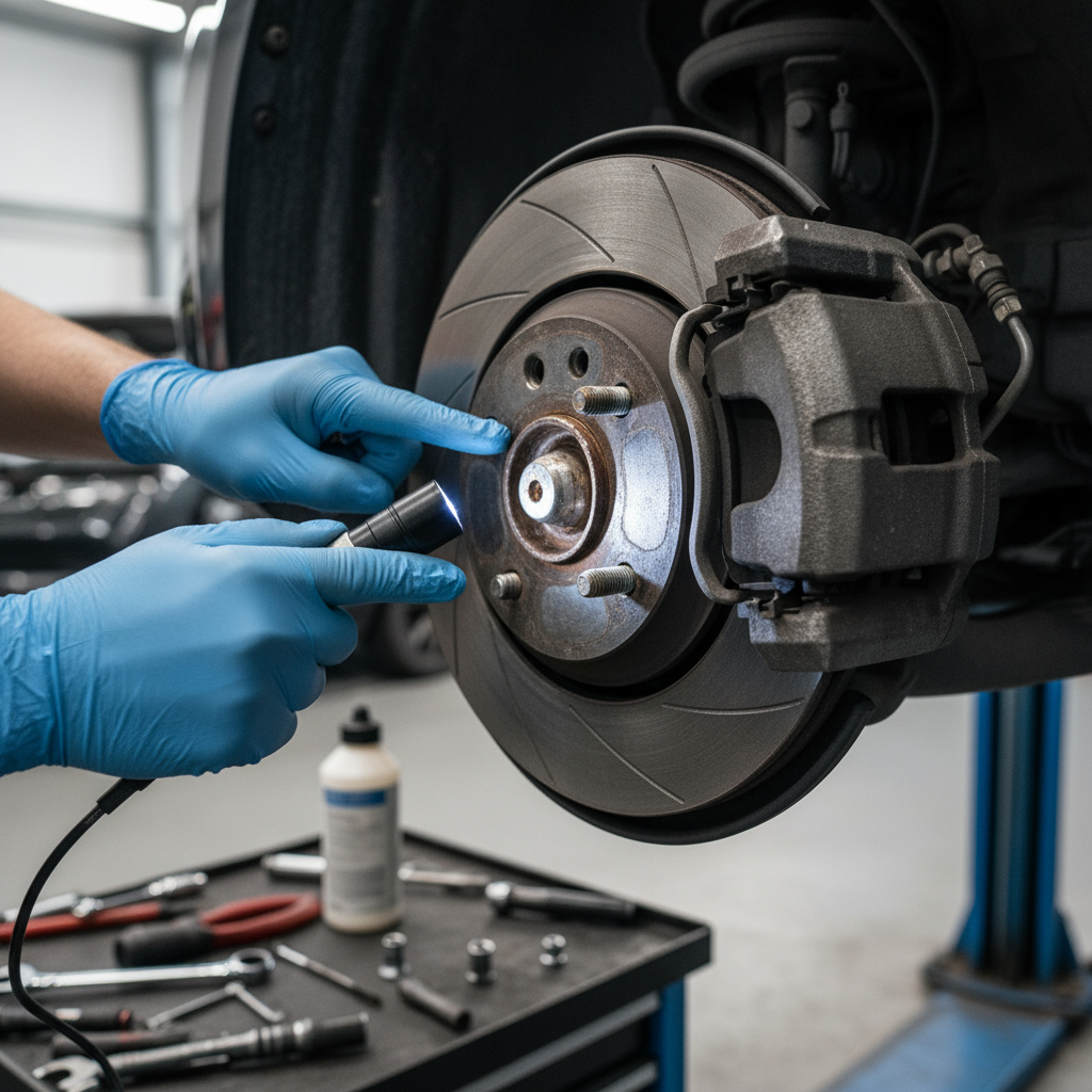 Technician inspecting a car's brake system