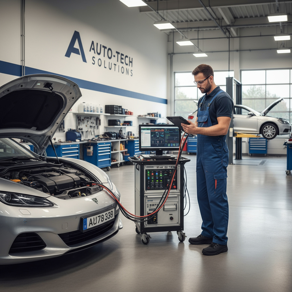 Automotive technician using diagnostic equipment